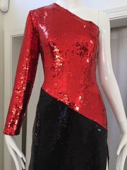 Vintage 1980s Bill Blass Red and Black One Shoulder Sequin Gown