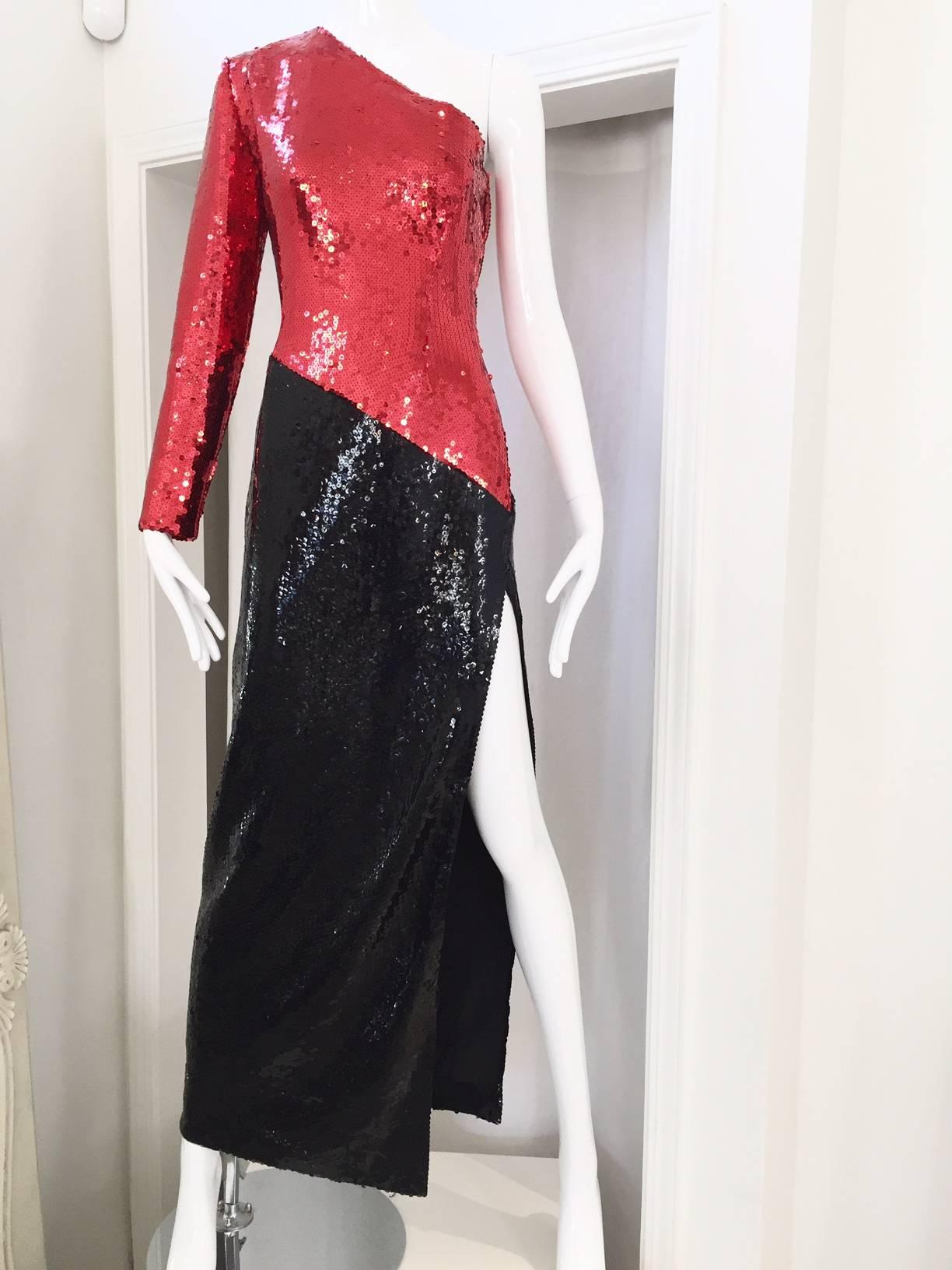 Women's Vintage 1980s Bill Blass Red and Black One Shoulder Sequin Gown For Sale