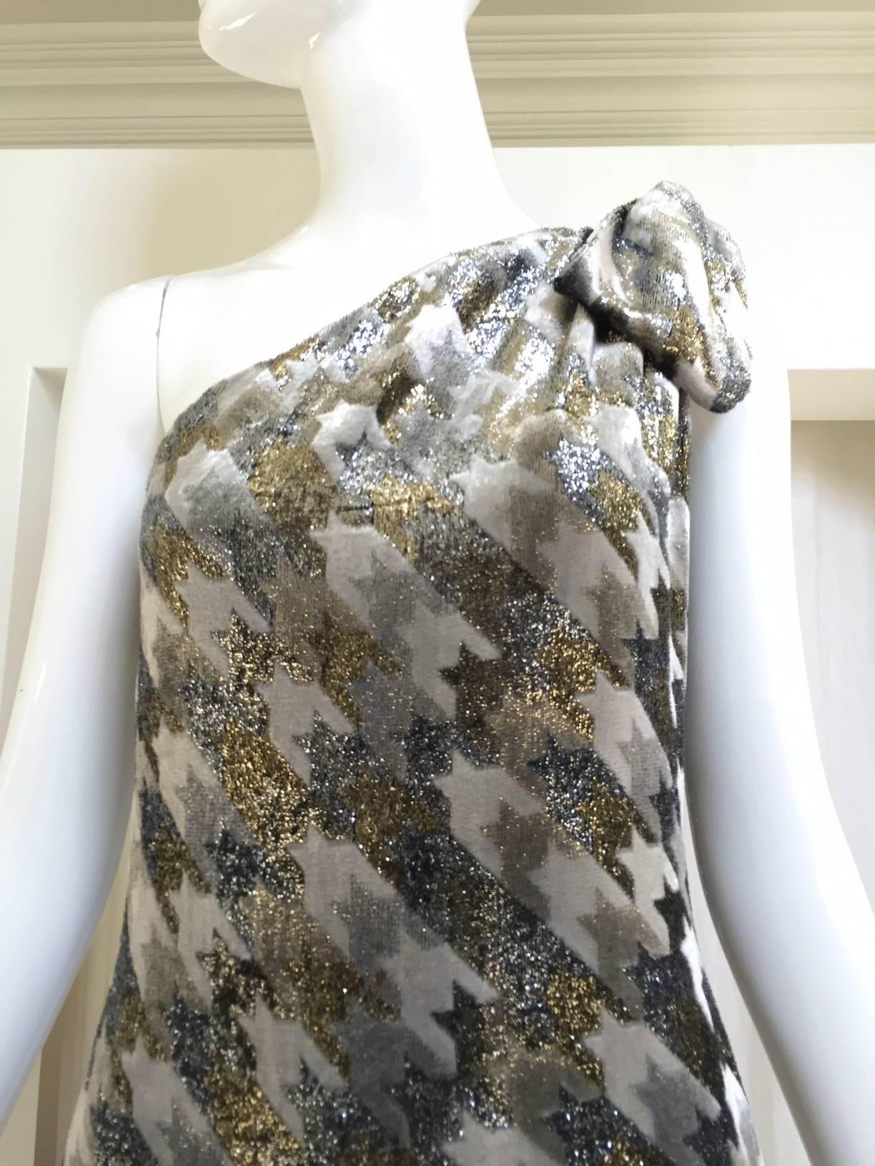 Gray 1970s Mollie Parnis Grey Metallic  Velvet One Shoulder Gown For Sale
