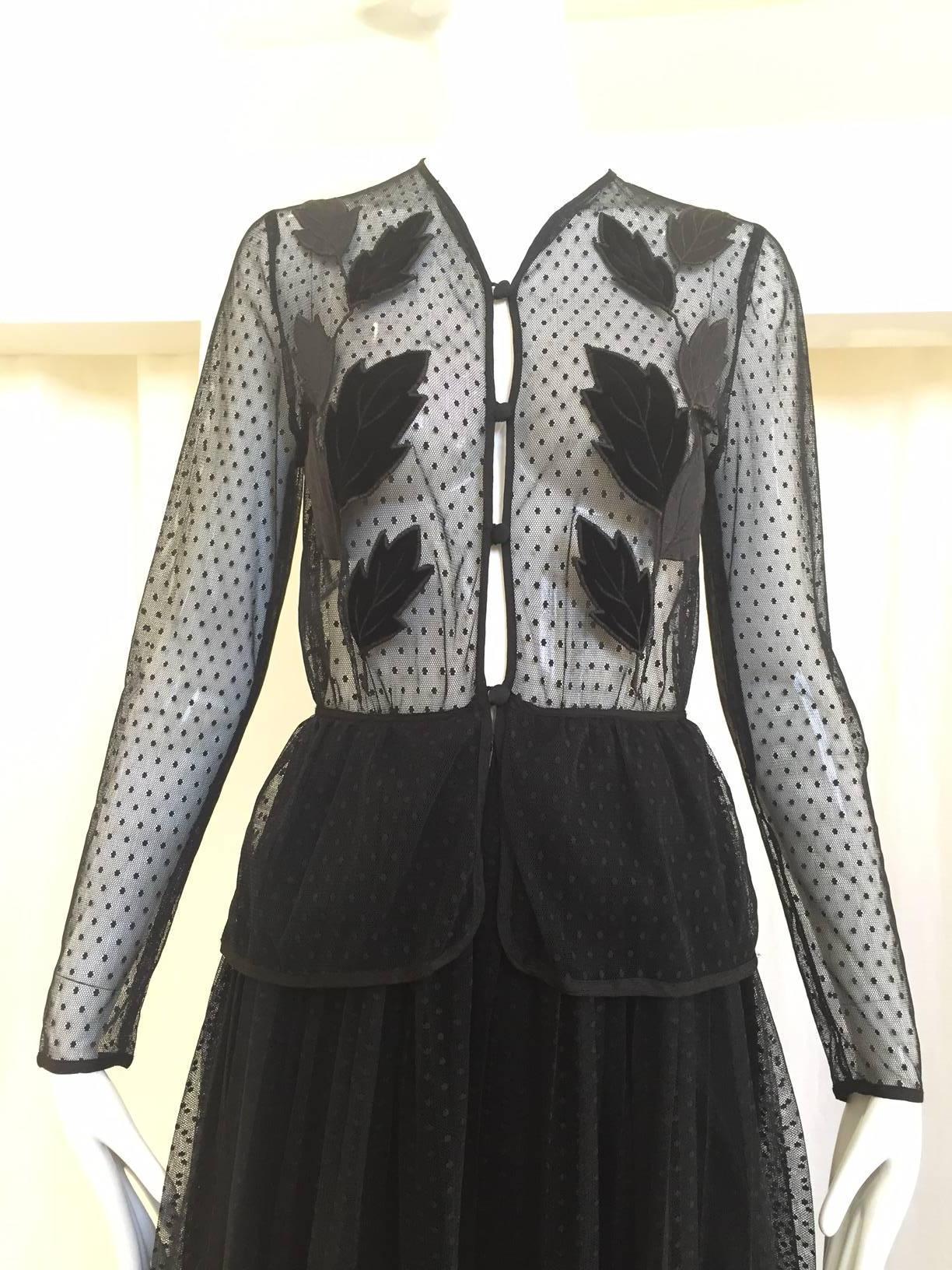 80s Frank Usher black sheer dress with velvet leaves applique. Size: 2
Bust: 32