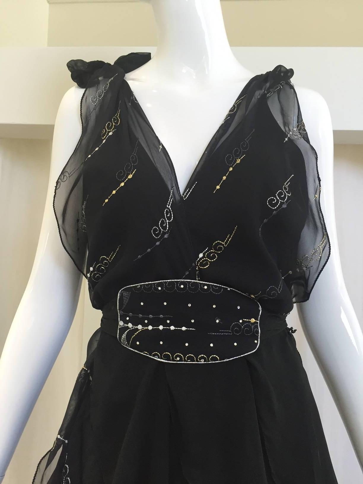 Black 1970s Jean Varon black chiffon v neck dress
