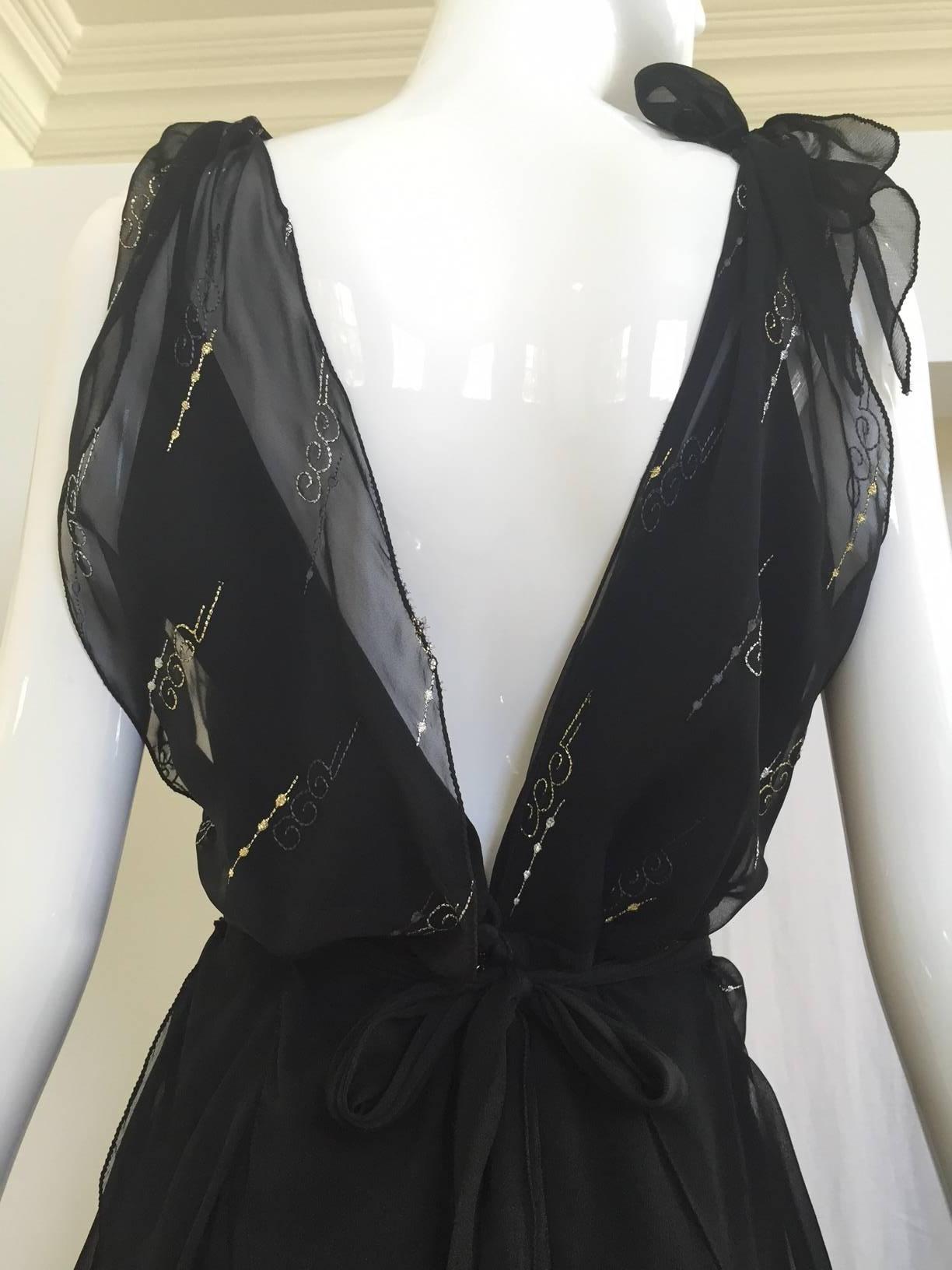 1970s Jean Varon black chiffon v neck dress In Good Condition In Beverly Hills, CA