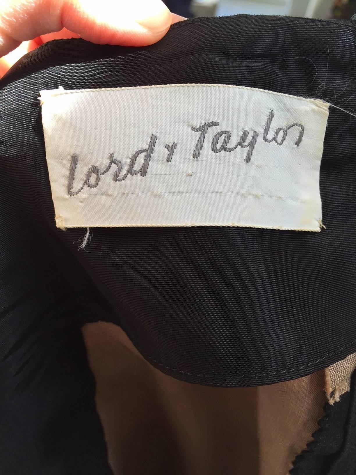 Black 1960s Lord & Taylor mocha and black stripe silk shantung dress 