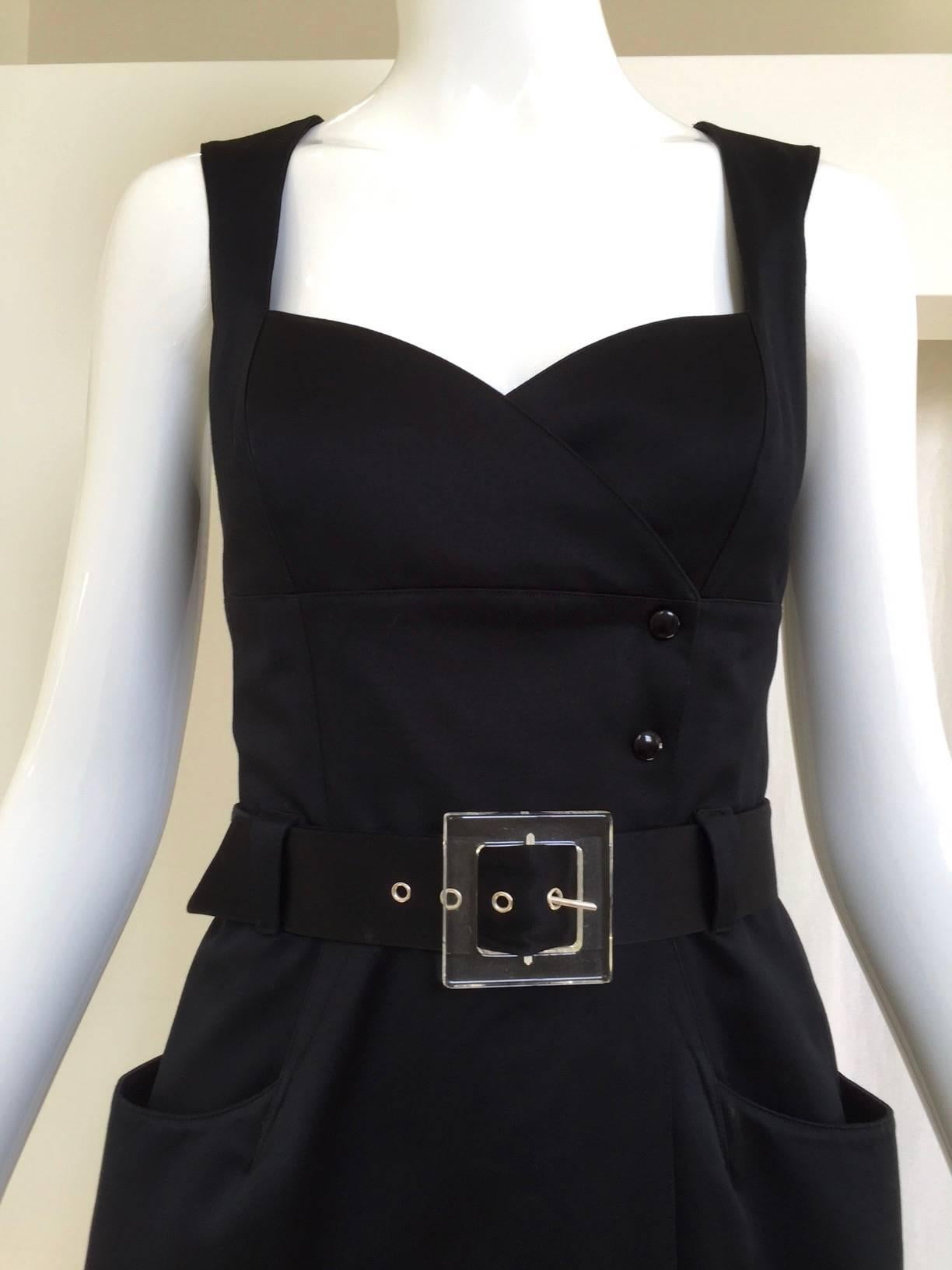 Thierry Mugler Vintage Black Cotton Wrap Dress with Acrylic Belt, 1990s In Excellent Condition For Sale In Beverly Hills, CA