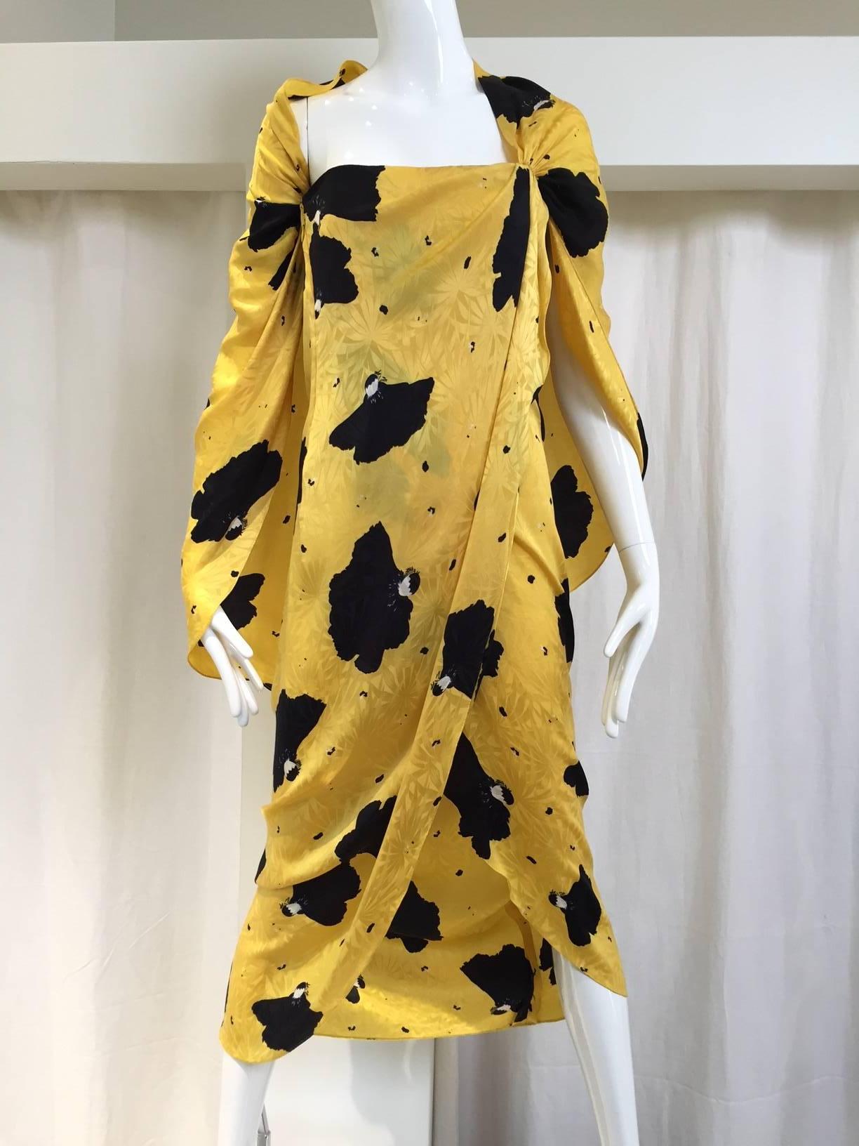 Vintage  Bill Blass Yellow and Black Print Silk Dress 1