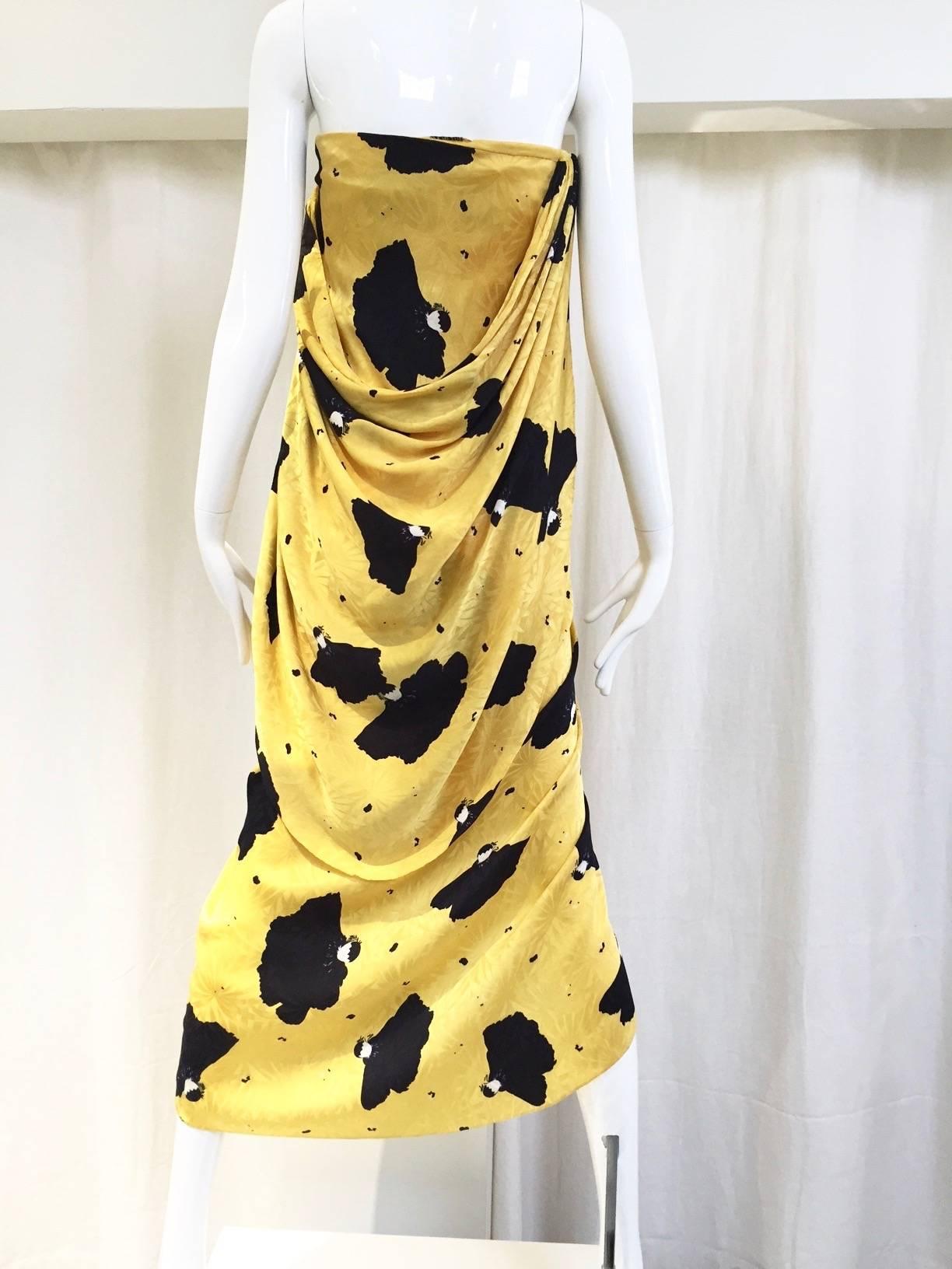 Orange Vintage  Bill Blass Yellow and Black Print Silk Dress
