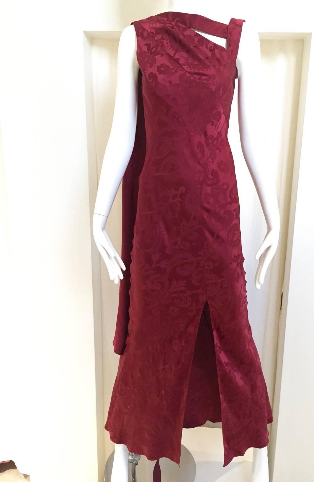 Vintage  Christian Dior by John Galliano maroon silk jacquard gown In Excellent Condition In Beverly Hills, CA