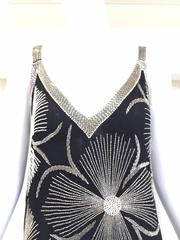 1980s Black and White Floral Silver Beads Flapper Dress