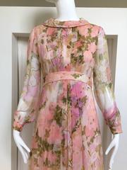 1970s Pink Floral Print Silk Chiffon Long Sleeve Maxi Dress