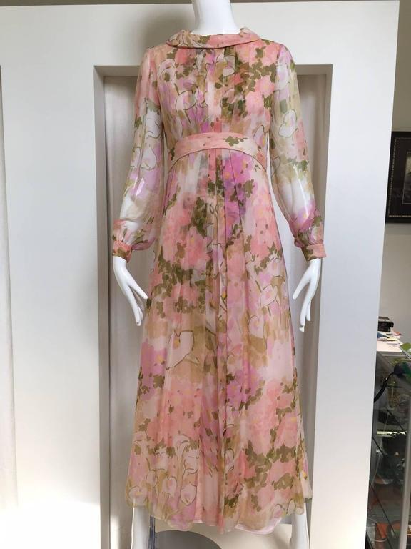 1970s Pink Floral Print Silk Chiffon Long Sleeve Maxi Dress For Sale at  1stDibs | long sleeve chiffon maxi dress, long sleeve floral maxi dress,  chiffon long dress