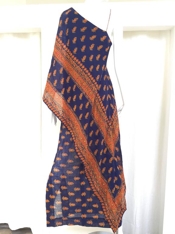 70s Anne Fogarty blue and orange cotton gauze maxi dress For Sale at