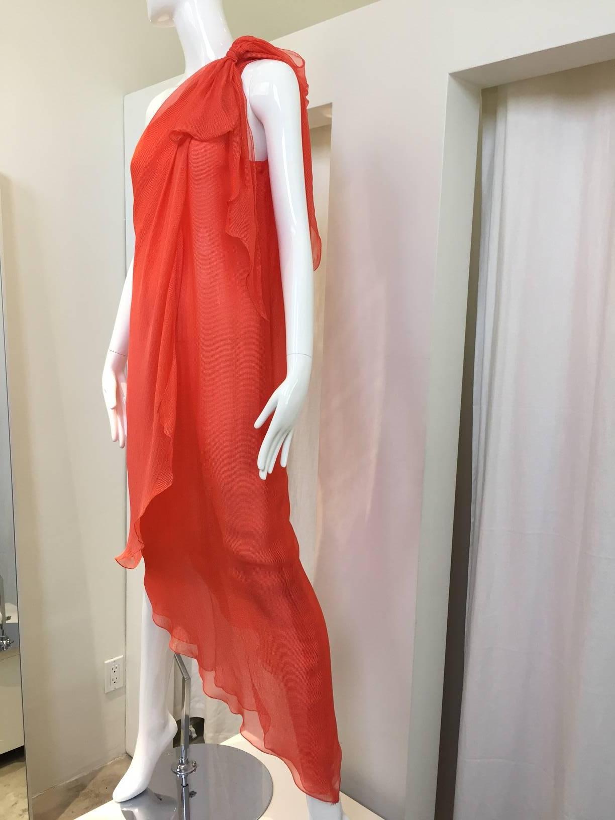 1970s Adele Simpson orange red silk chiffon one shoulder dress In Excellent Condition In Beverly Hills, CA