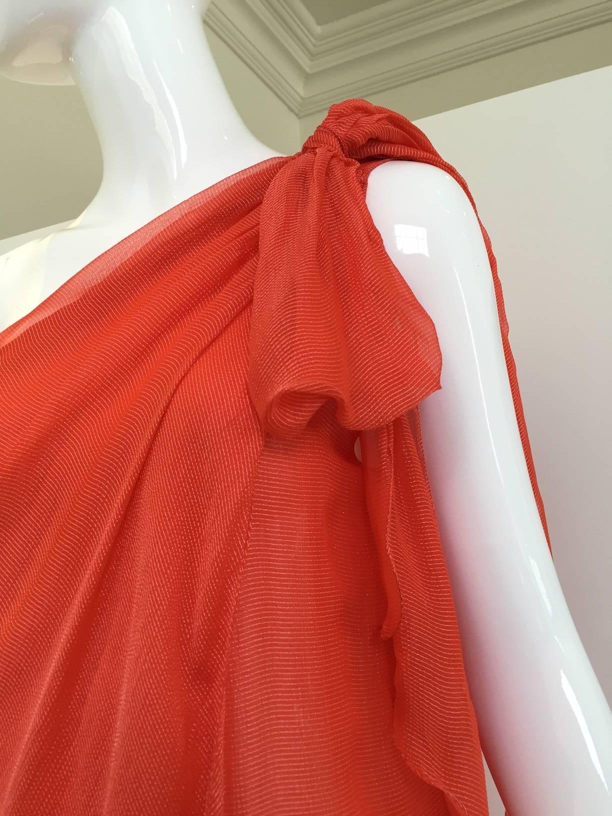 Women's 1970s Adele Simpson orange red silk chiffon one shoulder dress