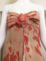 1990s Bill Blass Peach Water Color Floral Print Strapless Flowy Silk Dress