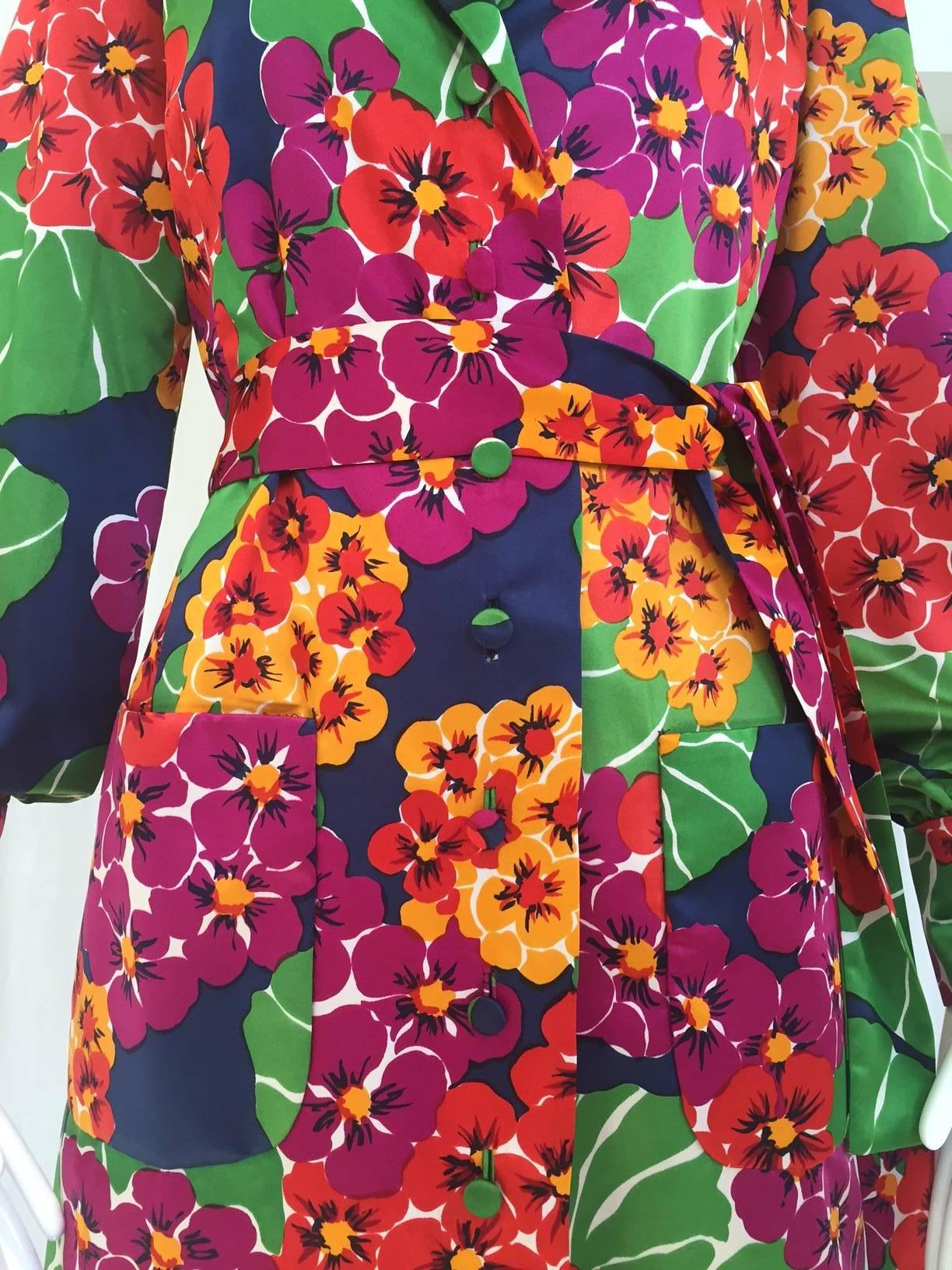 Women's 1970s Geoffrey Beene vibrant floral print silk shirt maxi dress