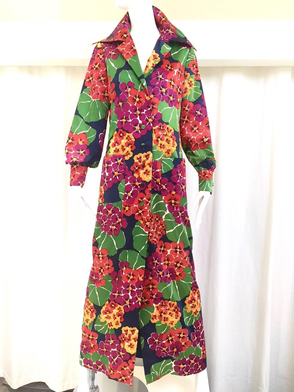 Brown 1970s Geoffrey Beene vibrant floral print silk shirt maxi dress
