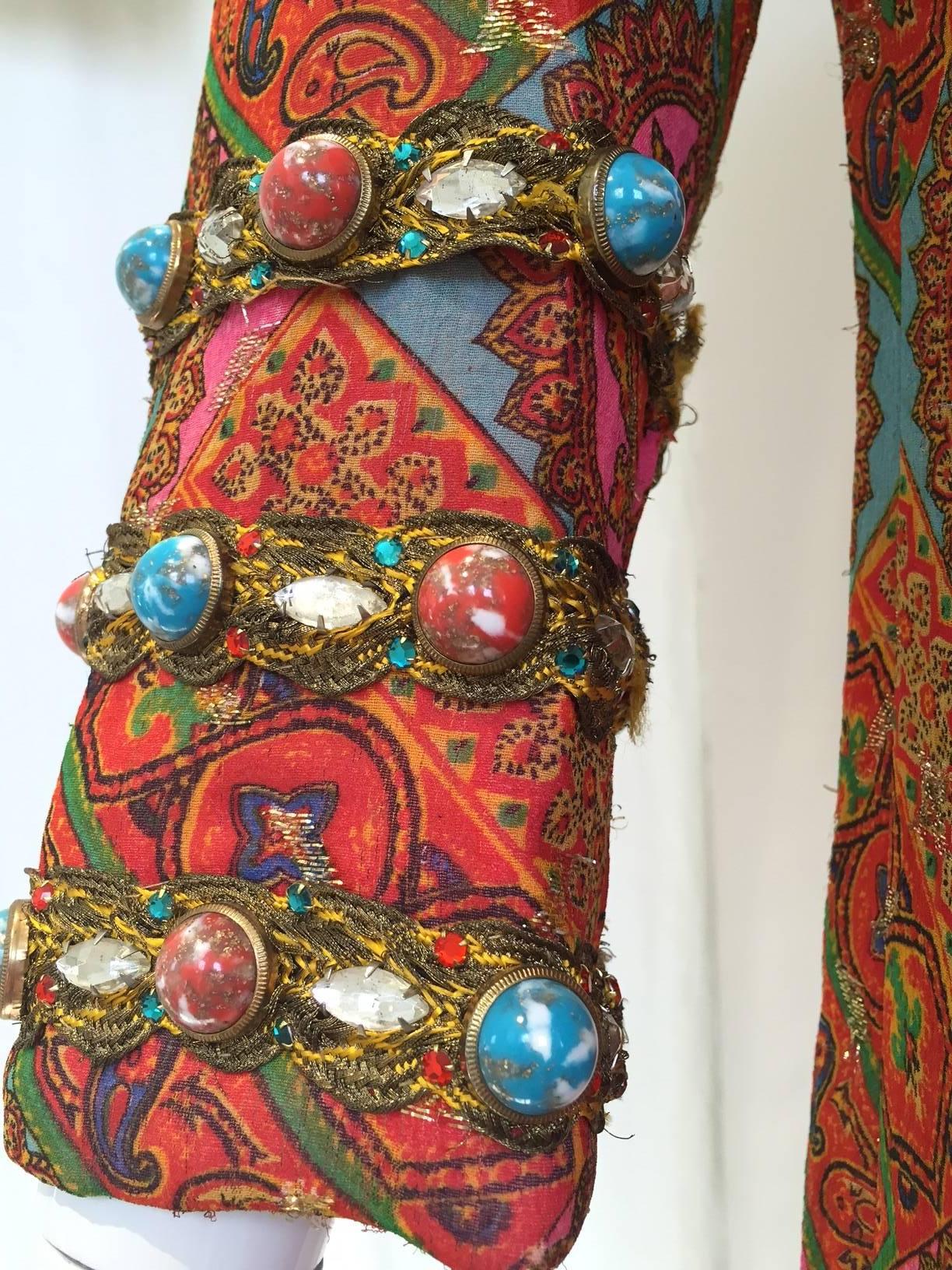 Women's 60s Bill Blass silk paisley print dress with jeweled cuffs