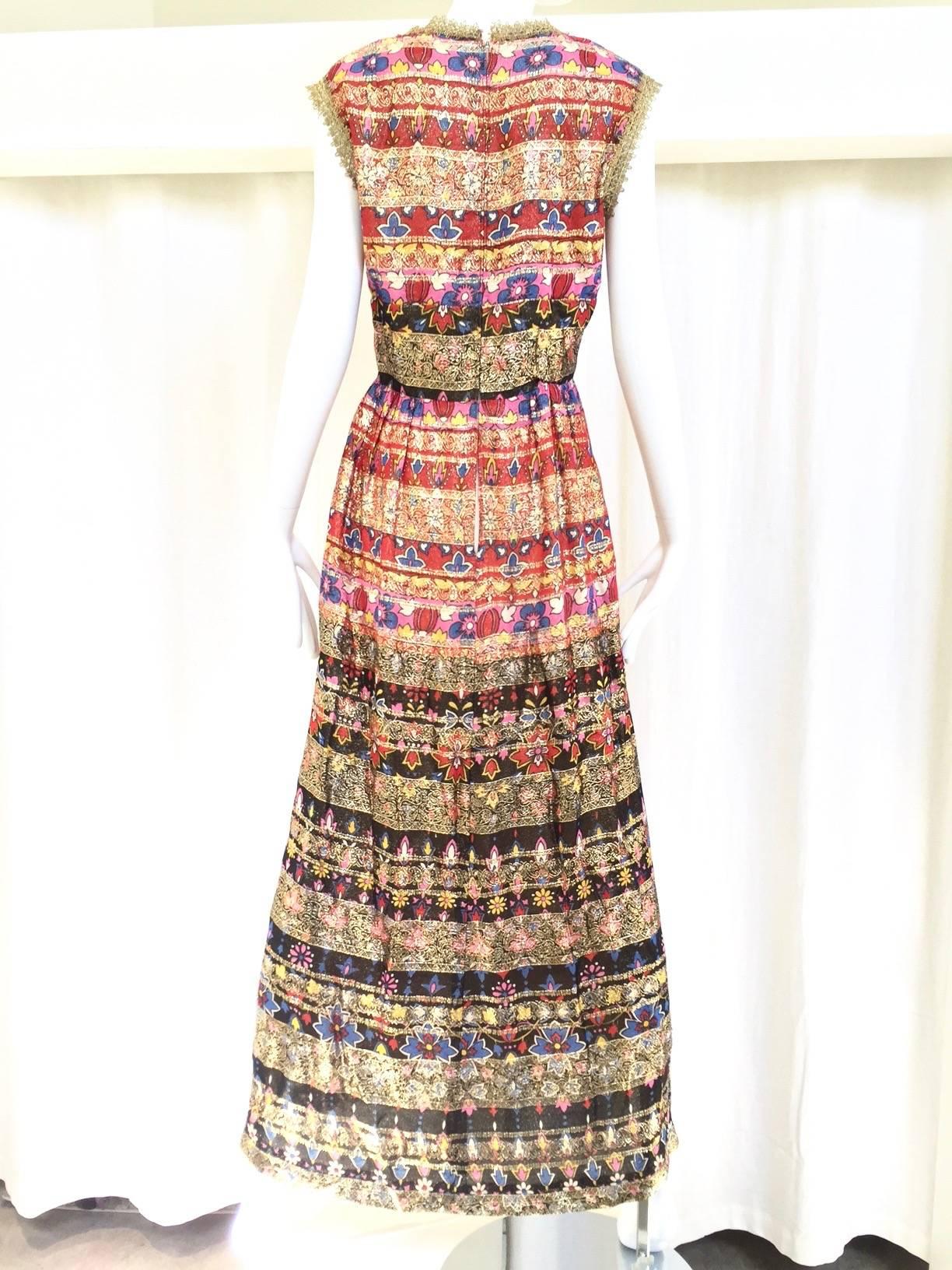 Brown Vintage 1970s MALCOLM STARR Ethnic Metallic Floral Print 70s Maxi Dress