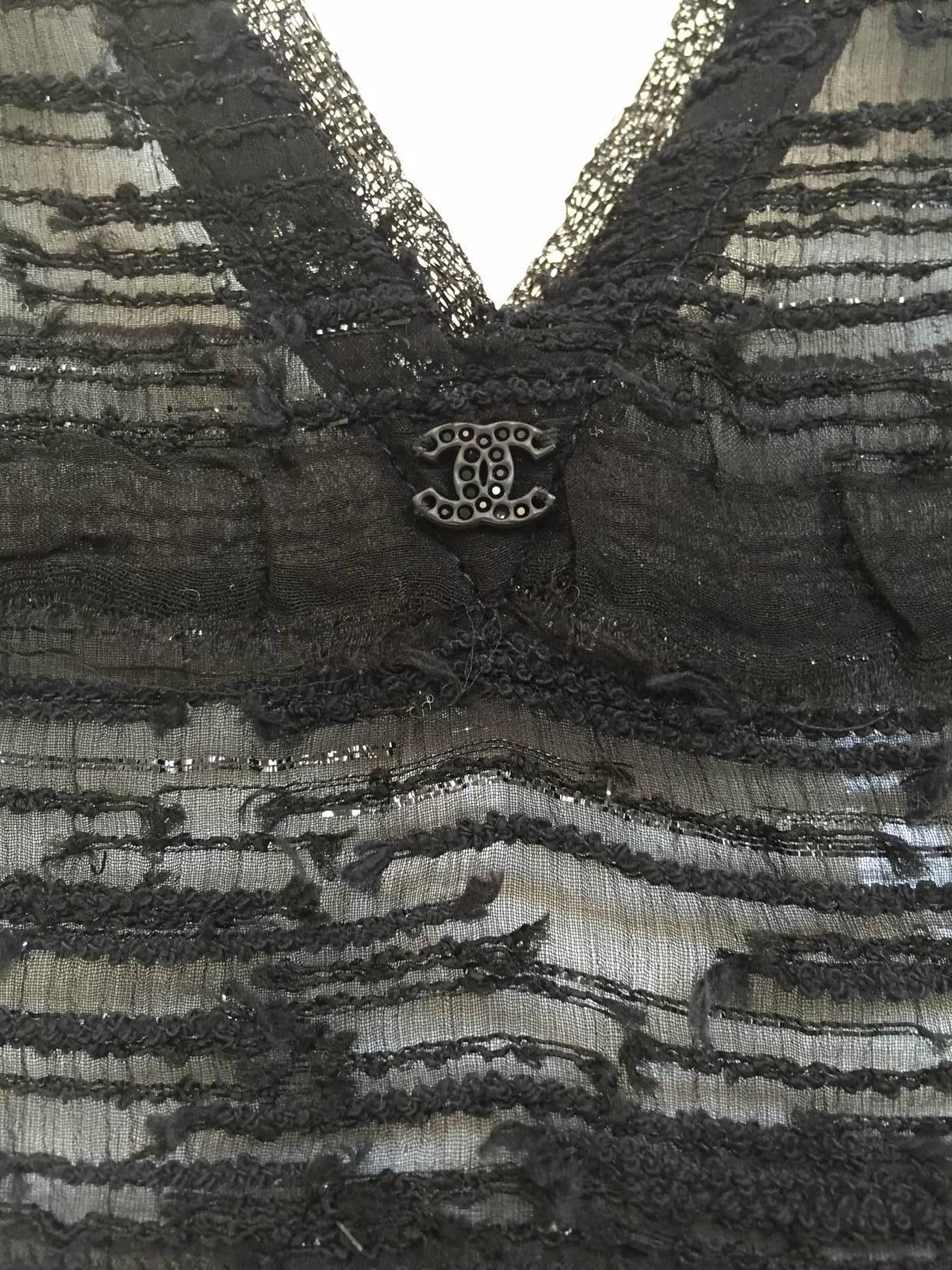CHANEL black sheer silk tunic with pearls In Excellent Condition In Beverly Hills, CA