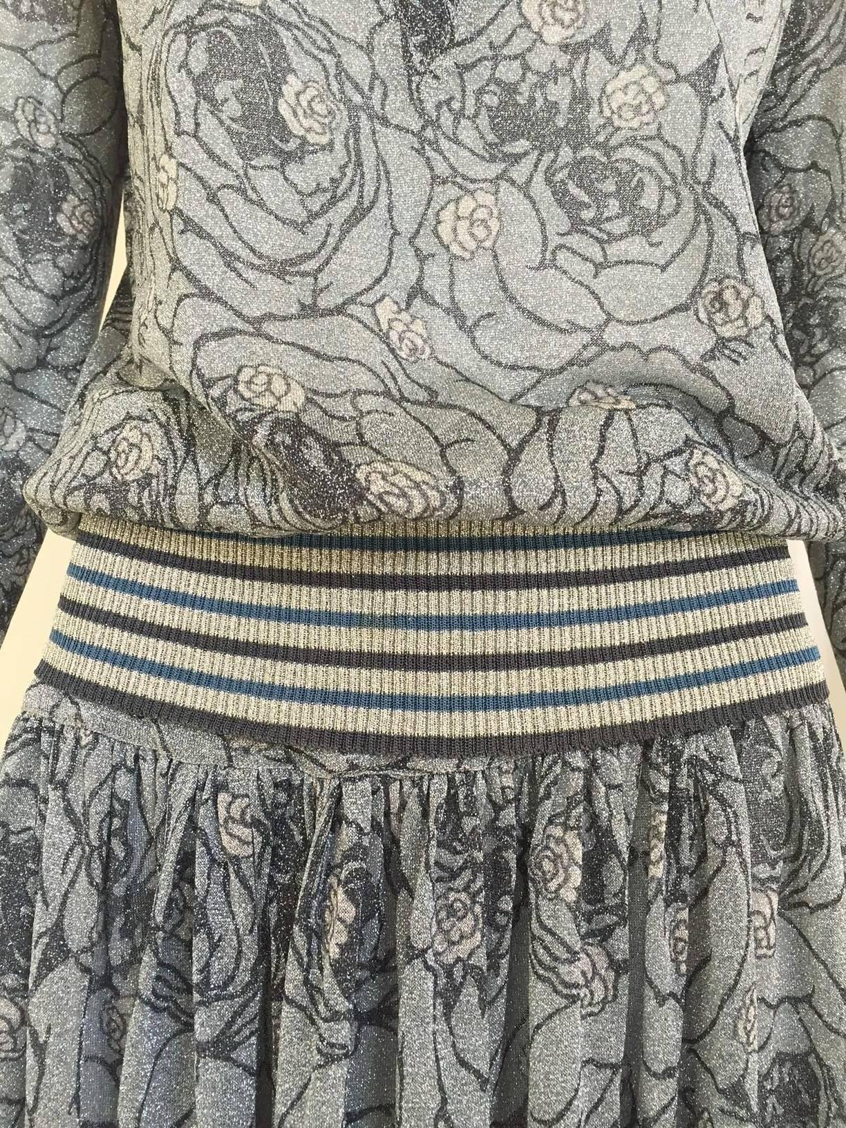 Gray 70s Missoni metallic grey and blue knit top and skirt set