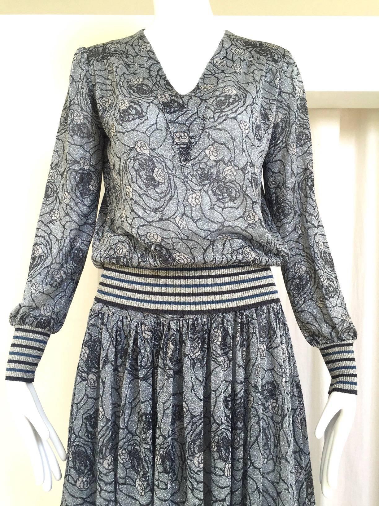 70s Missoni metallic grey and blue knit top and skirt set.
Top: Bust stretch up to 38
