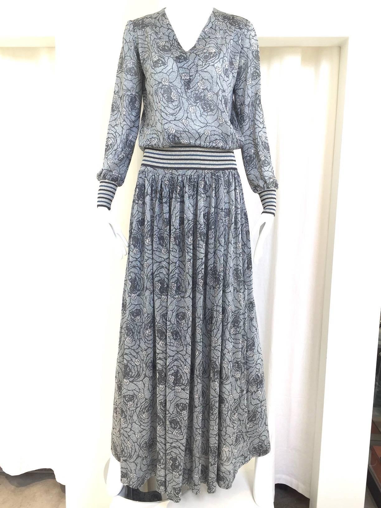 70s Missoni metallic grey and blue knit top and skirt set In Good Condition In Beverly Hills, CA