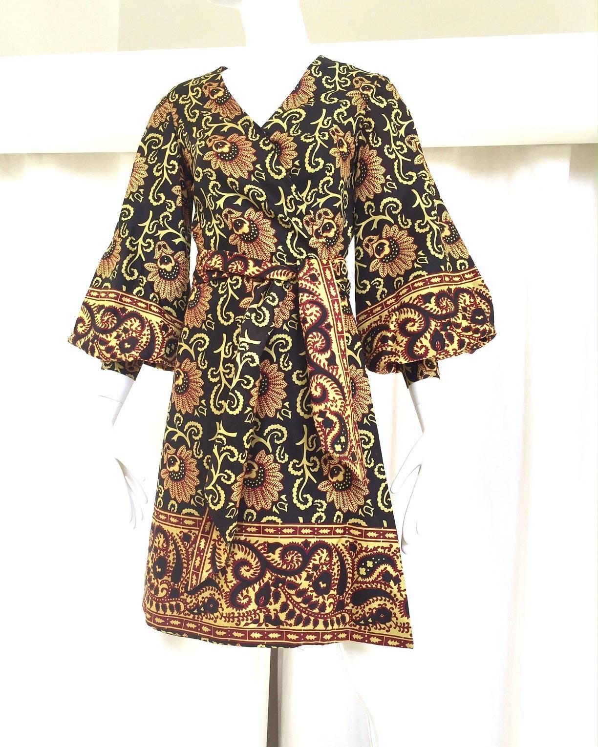 1960s Multi Color Botanical Print Rayon Wrap Dress with Dramatic Sleeves In Excellent Condition In Beverly Hills, CA
