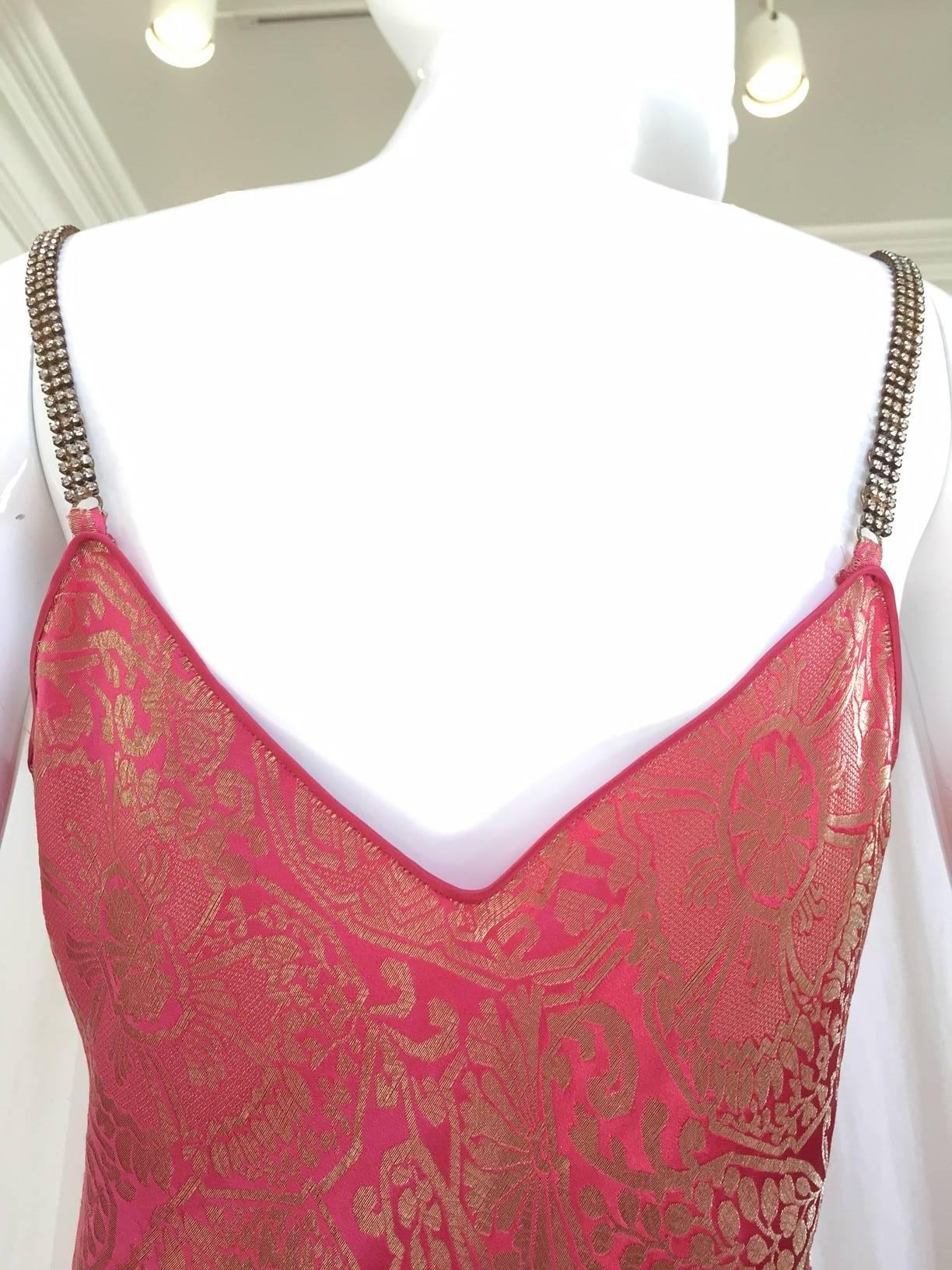 John Galliano Vintage rose pink and gold silk jacquard bias cut gown, 1990s 1