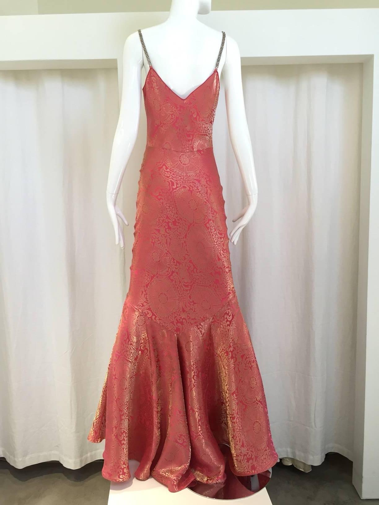 Beautiful John Galliano 2000s  bias cut rose and gold metallic silk jacquard gown inspired by 1930s style. Perfect for Black Tie event or unconventional wedding dress.
 Rhinestones straps. Marked 40 F/ SIZE 6 US / Medium
Bust: 35