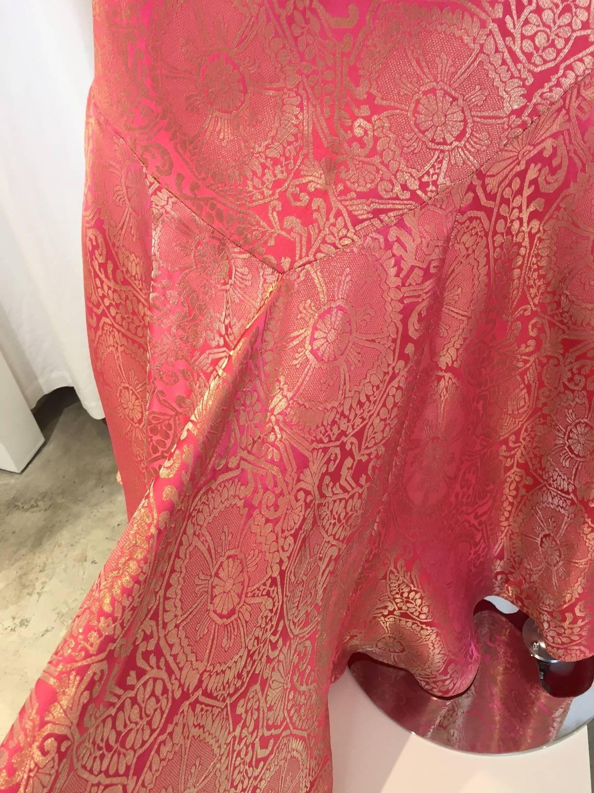 John Galliano Vintage rose pink and gold silk jacquard bias cut gown, 1990s 3