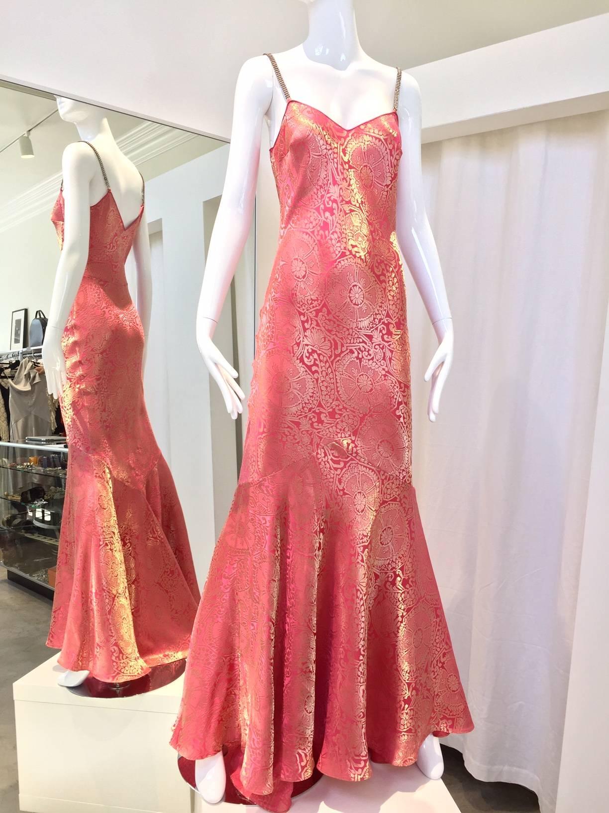 Brown John Galliano Vintage rose pink and gold silk jacquard bias cut gown, 1990s 