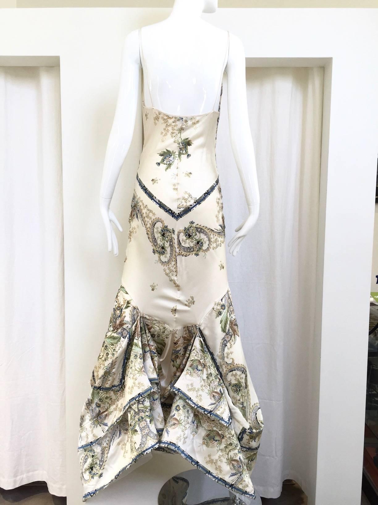 Gray Roberto Cavalli off white silk charmeuse floral print bias cut gown