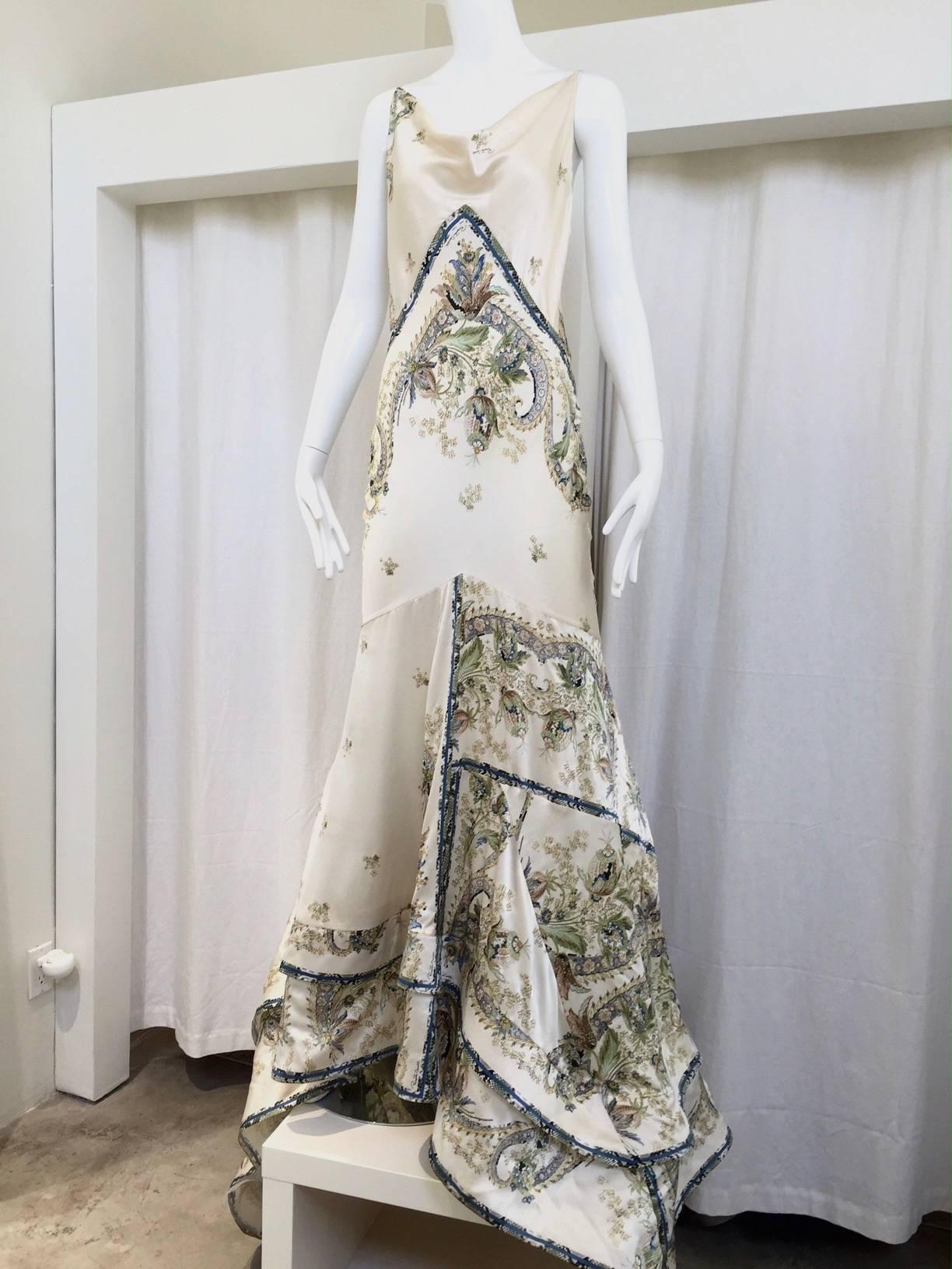 Roberto Cavalli off white silk charmeuse floral print bias cut gown 3