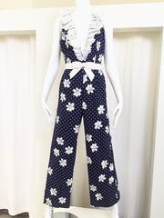 70s Oscar De La Renta blue polka dot cotton piqué jumpsuit and jacket
