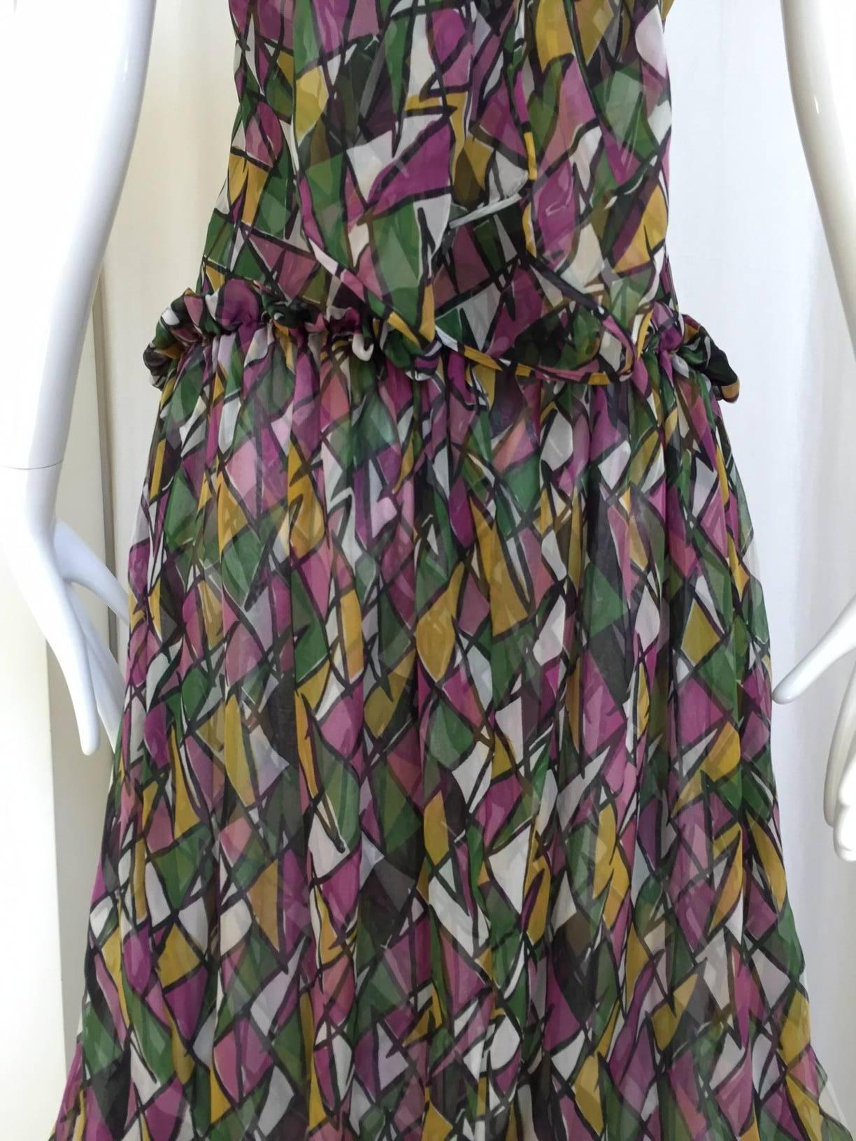 Gray Vintage Yves Saint Laurent multi color silk halter print maxi cocktail dress For Sale