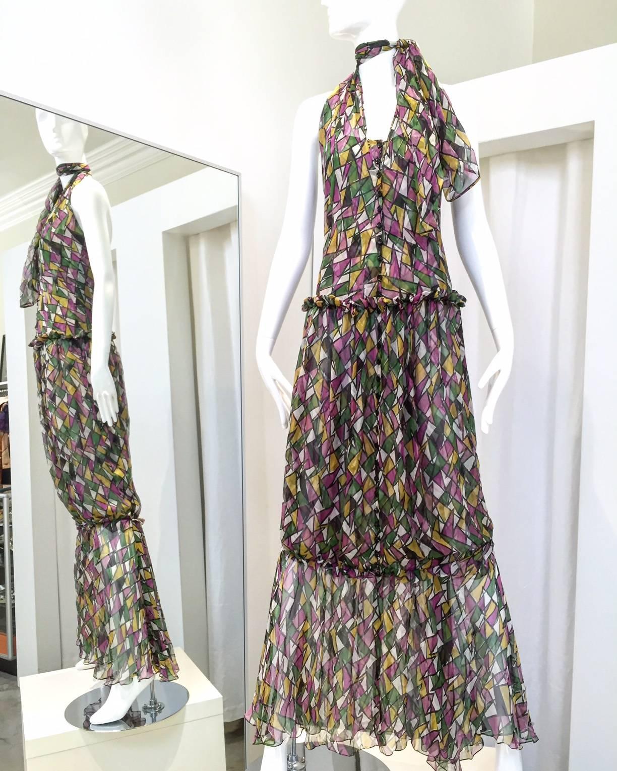 Vintage Yves Saint Laurent by Tom Ford multi color print( purple, green, yellow and white) diamond shape silk halter cocktail dress. Corset bodice and layered by silk sash that ties as halter. 
dress. size: 2 . XS to Small
Bust: 32