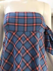 1970s Anne Klein Cotton Strapless Blue plaid maxi dress