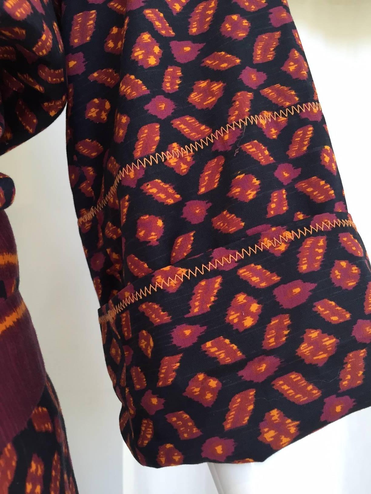 1970s Anne Klein Burgundy and Black Ikat print Blouse and Skirt set In Excellent Condition In Beverly Hills, CA