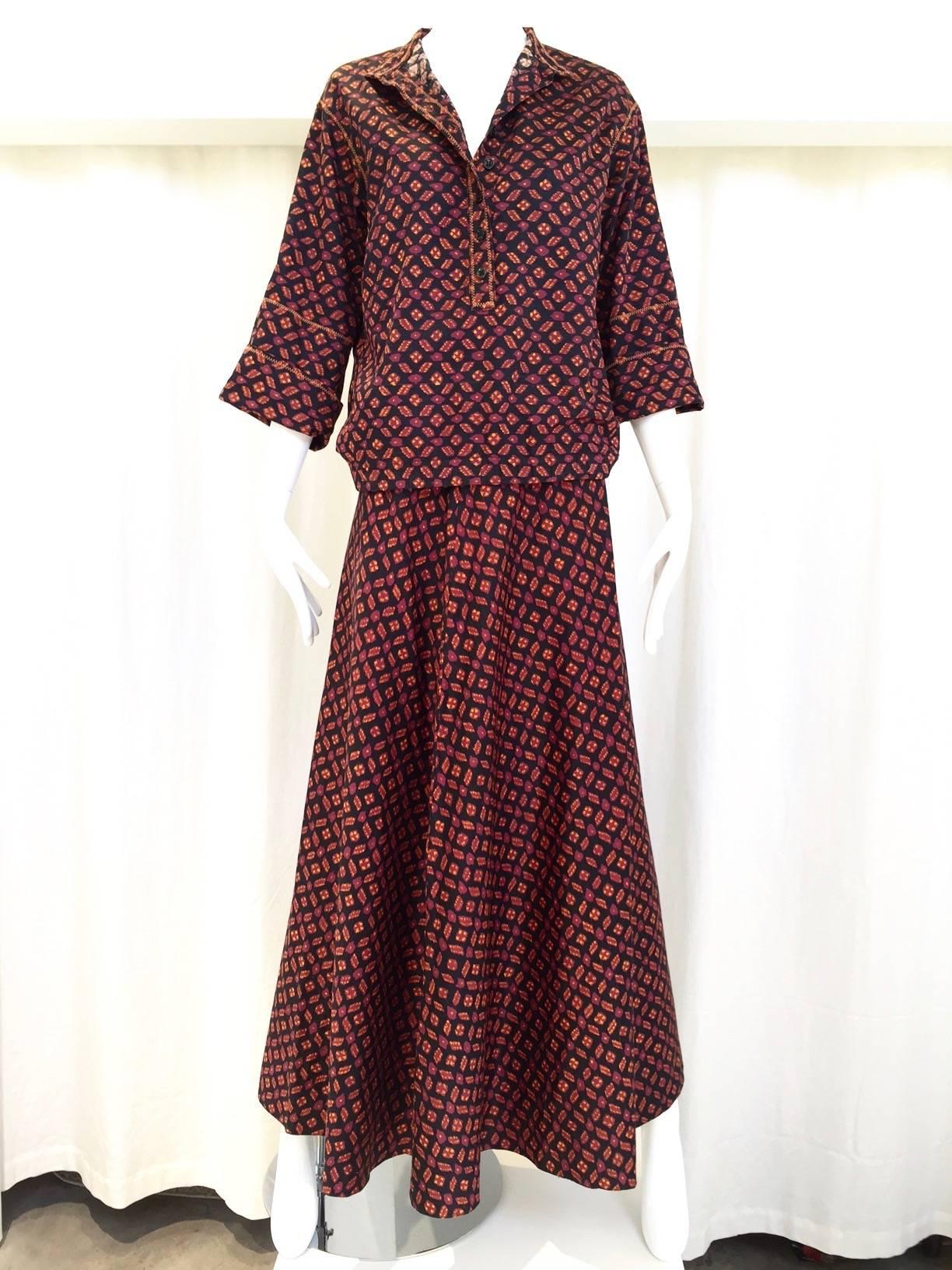 Brown 1970s Anne Klein Burgundy and Black Ikat print Blouse and Skirt set