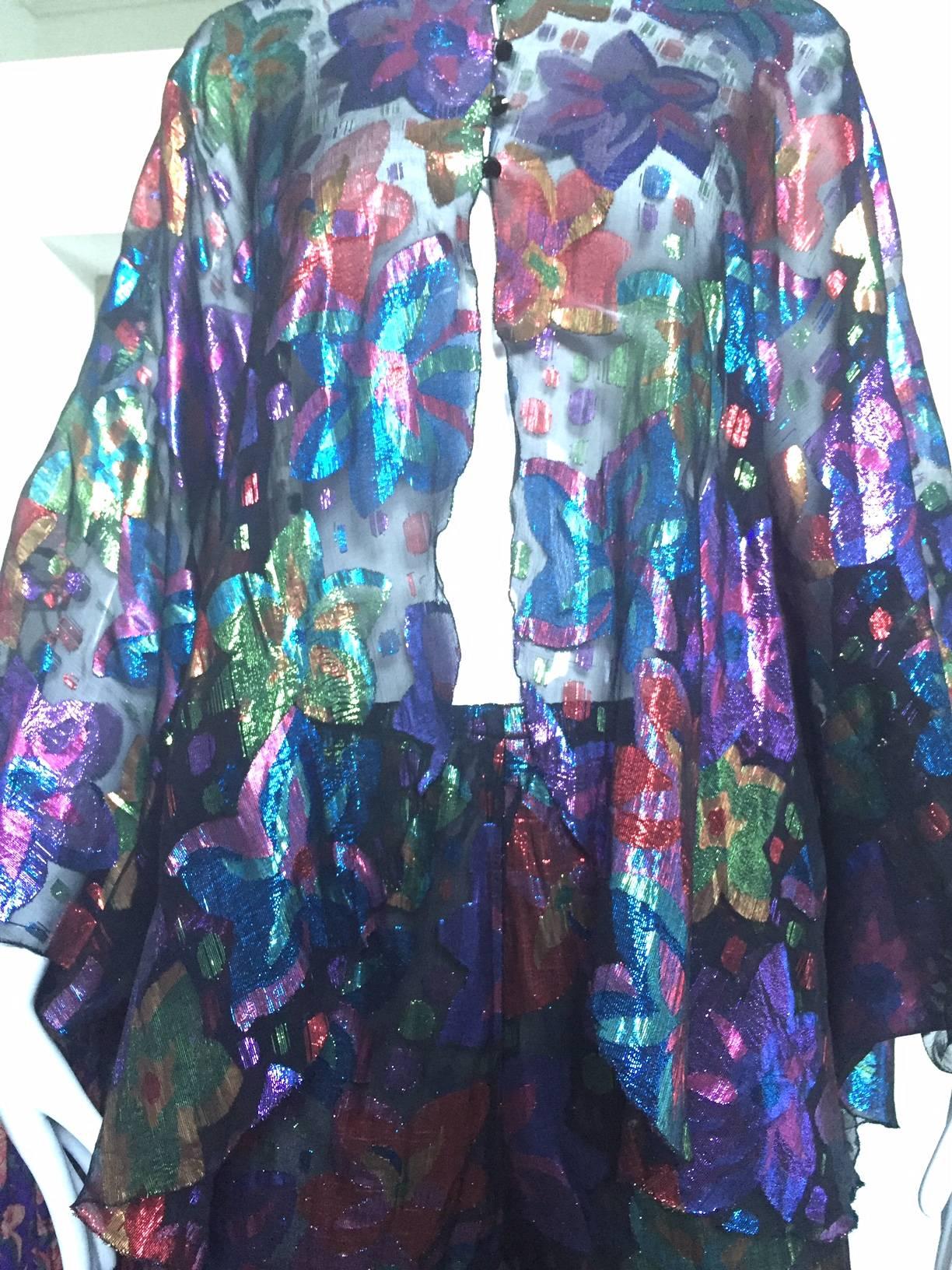 Black 1970s Silk metallic print blouse and pants ensemble
