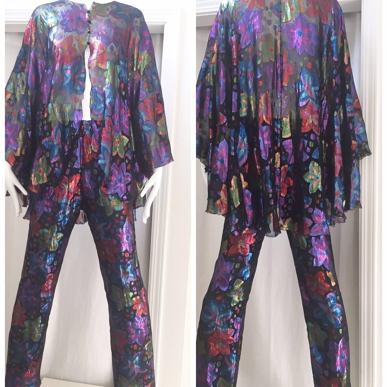 Women's 1970s Silk metallic print blouse and pants ensemble