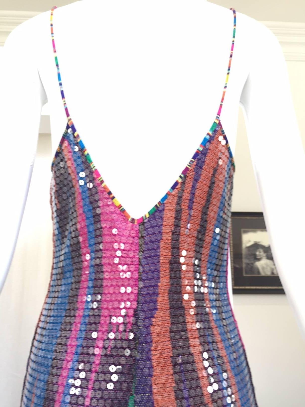 Vintage MISSONI multi color sequin spaghetti strap knit fitted dress In Excellent Condition In Beverly Hills, CA