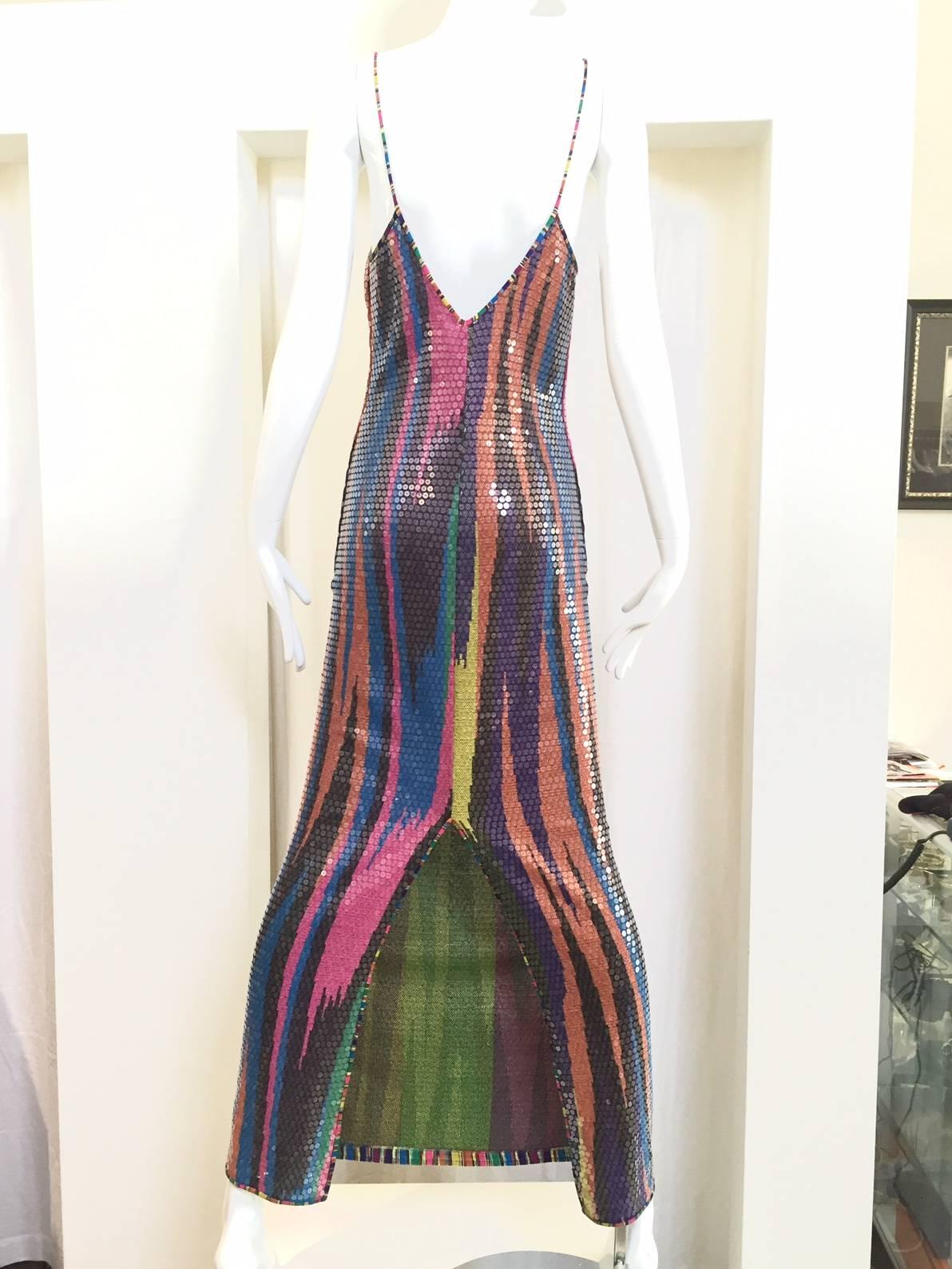 Vibrant vintage 1970s Missoni multi color mod ( blue,purple,green, orange, pink and yellow  spaghetti strap body con knit maxi dress with clear sequins. Low scoop back and 10
