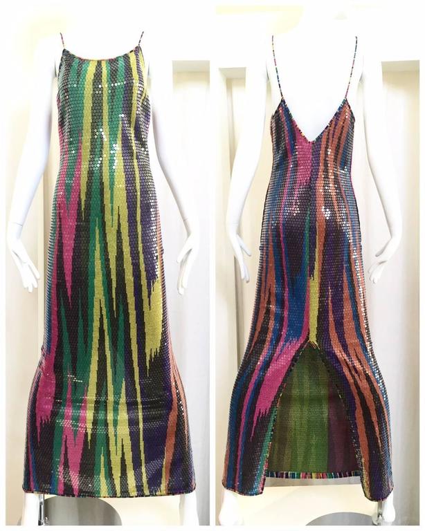 Vintage MISSONI multi color sequin spaghetti strap knit fitted dress at