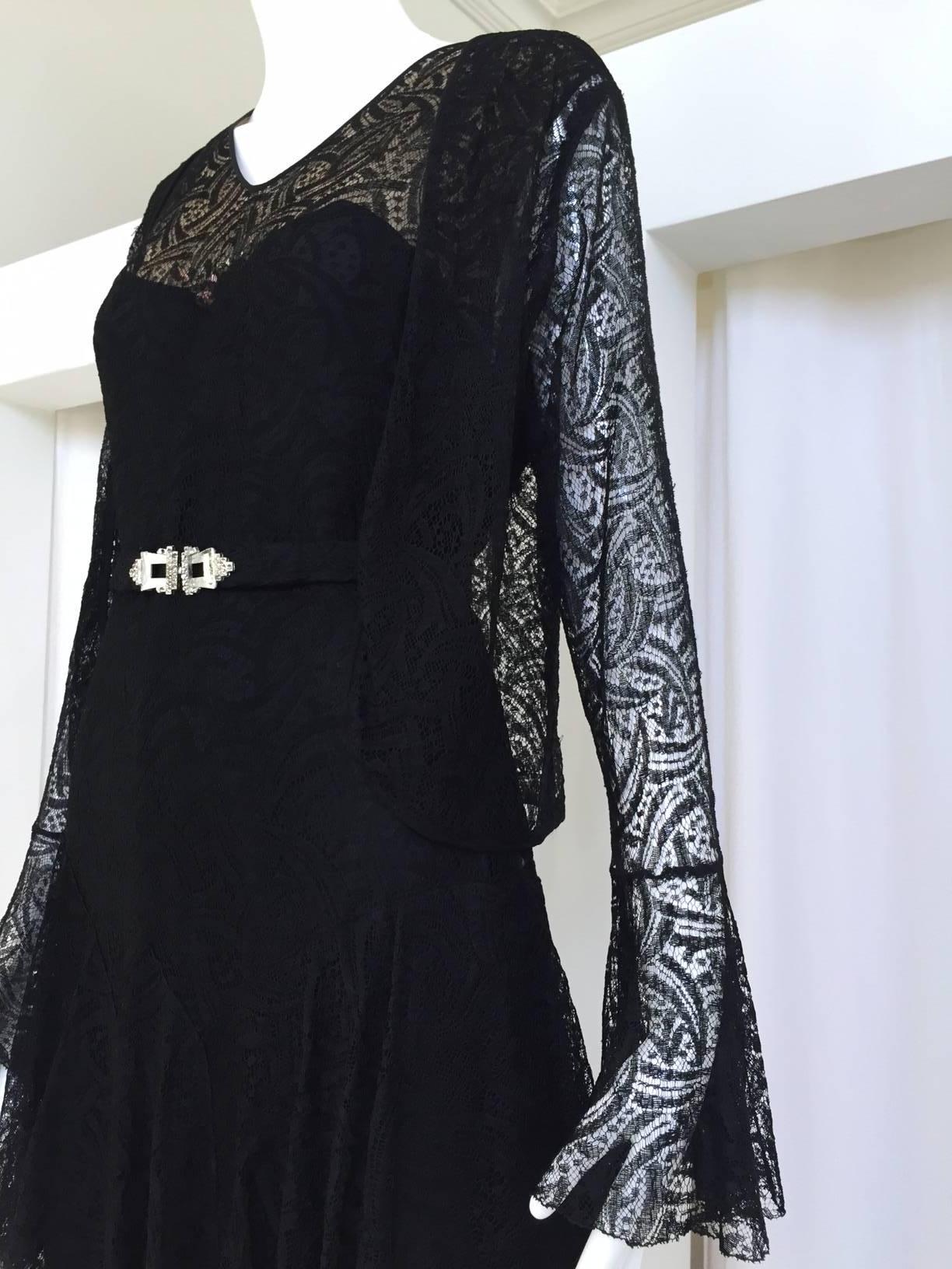 1930s Black lace dress with cardigan jacket and belt ensemble 1