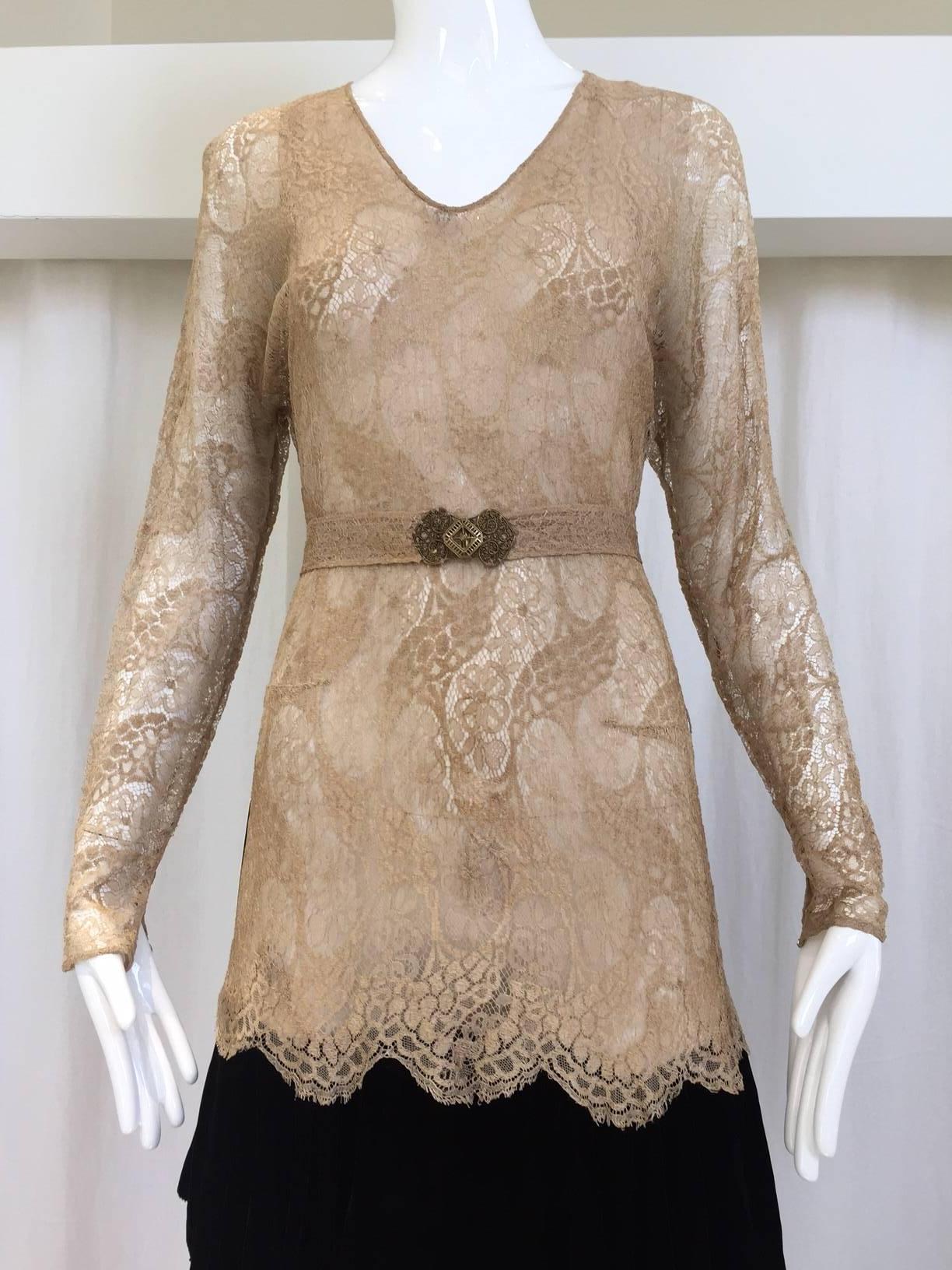 1920s mocha lace dress with velvet trim and belt. 
Bust: 32