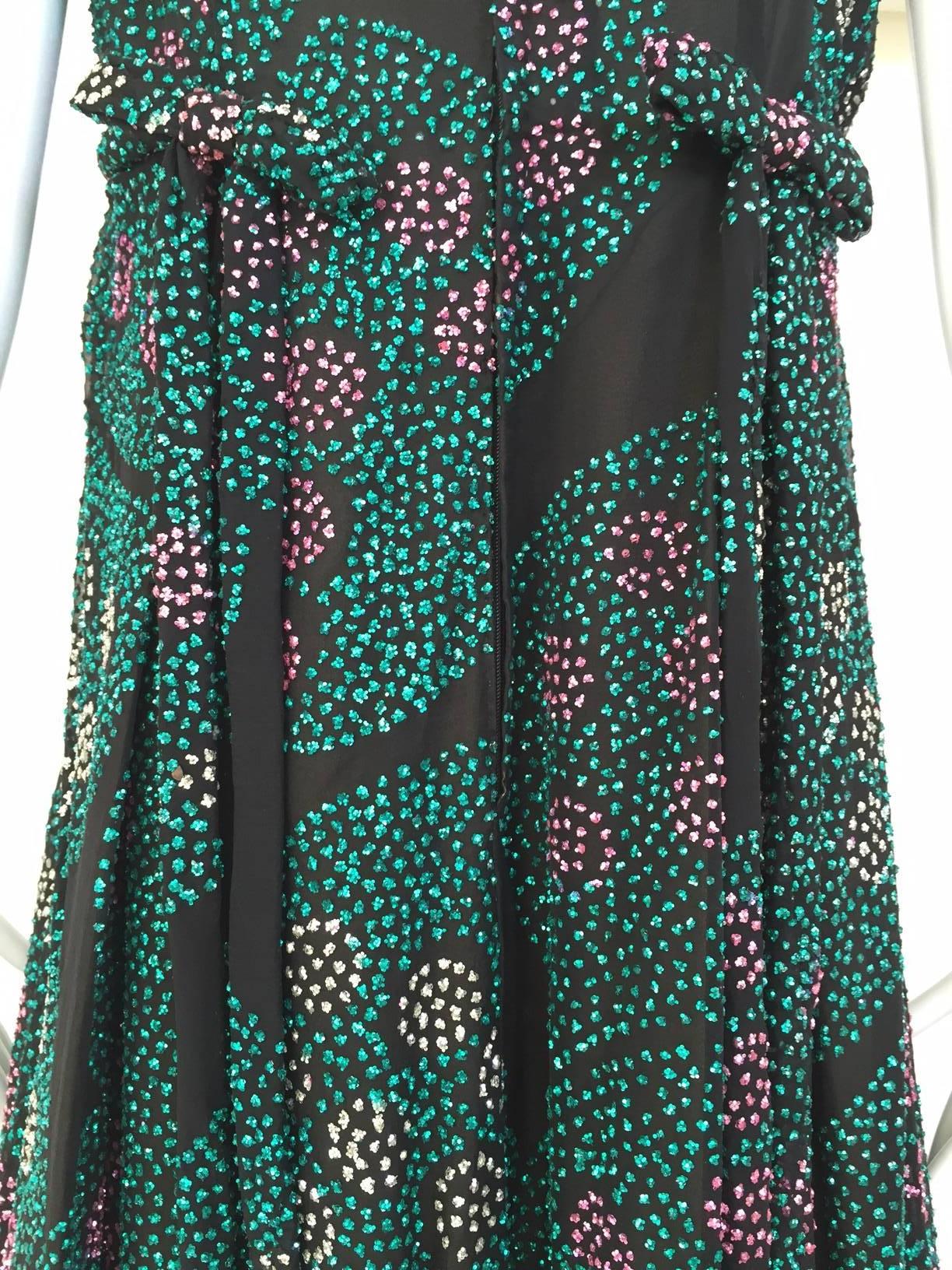 Black 1970s CARDINALI Green and pink circle sequin gown For Sale