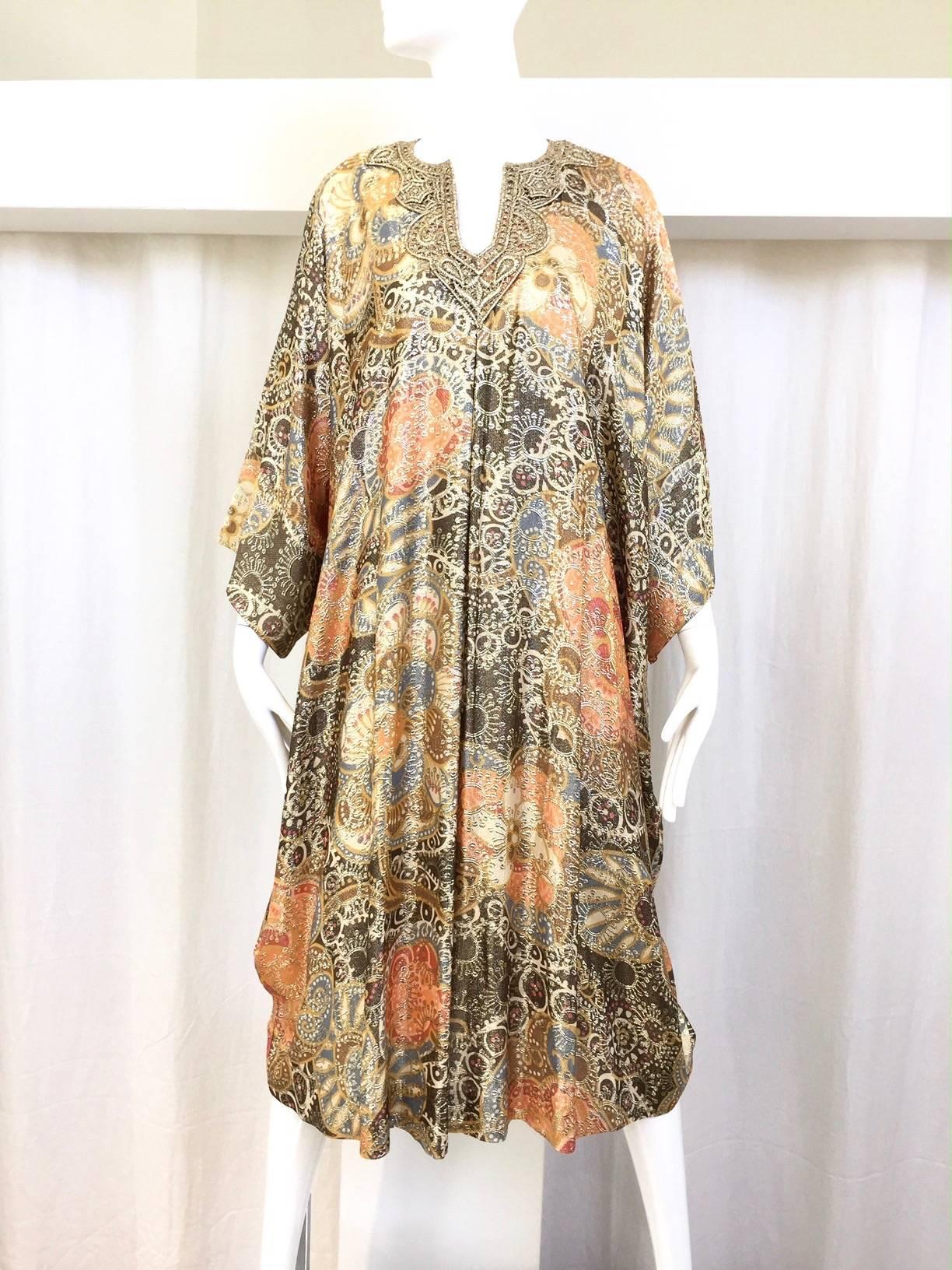 Brown Vintage Lucie Ann 1970s Gold and Peach Metallic 70s Caftan For Sale