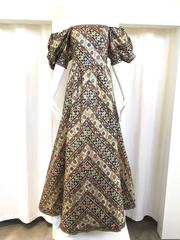 1980s LEONARD Paris Metallic Floral Broacade Gown with Puff Sleeve