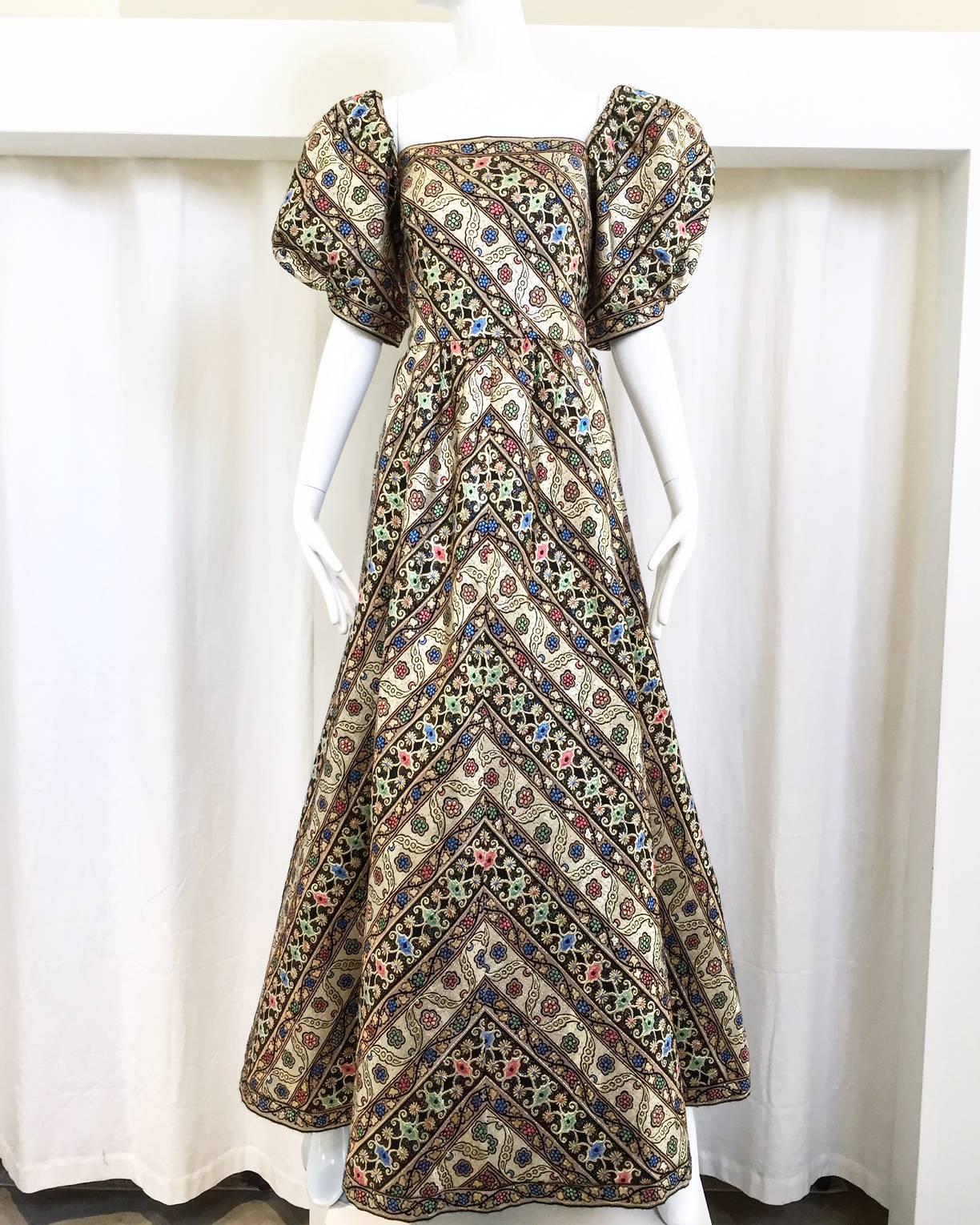 1980s LEONARD Paris Metallic Floral Broacade Gown with Puff Sleeve 2